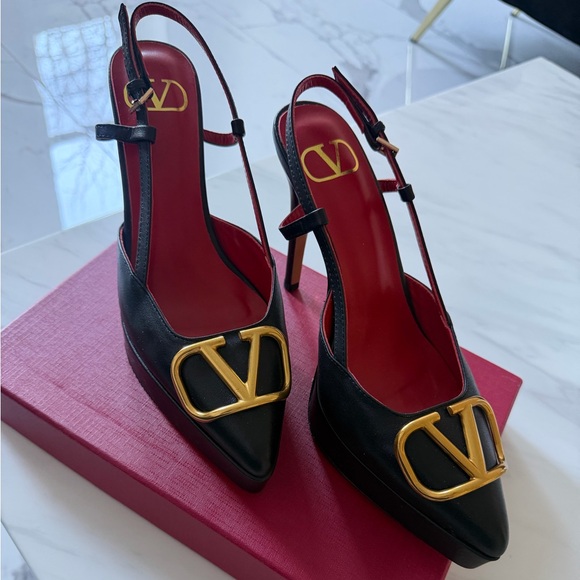 Valentino Black Leather Slingback Pumps with Gold V Emblem - Picture 3 of 3